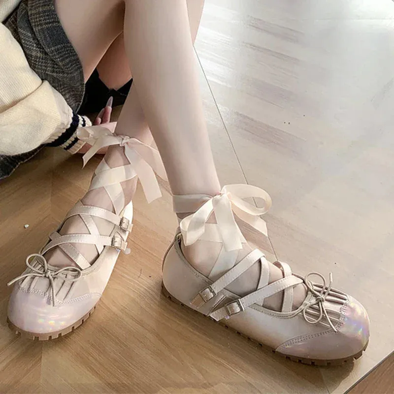 binfenxie  -  Bow Ballet Dance Flats Women Shoes Shallow Mary Jane Fashion Dress Lolita Sandals 2024 Spring New Casual Cozy Zapatos Para Mujer