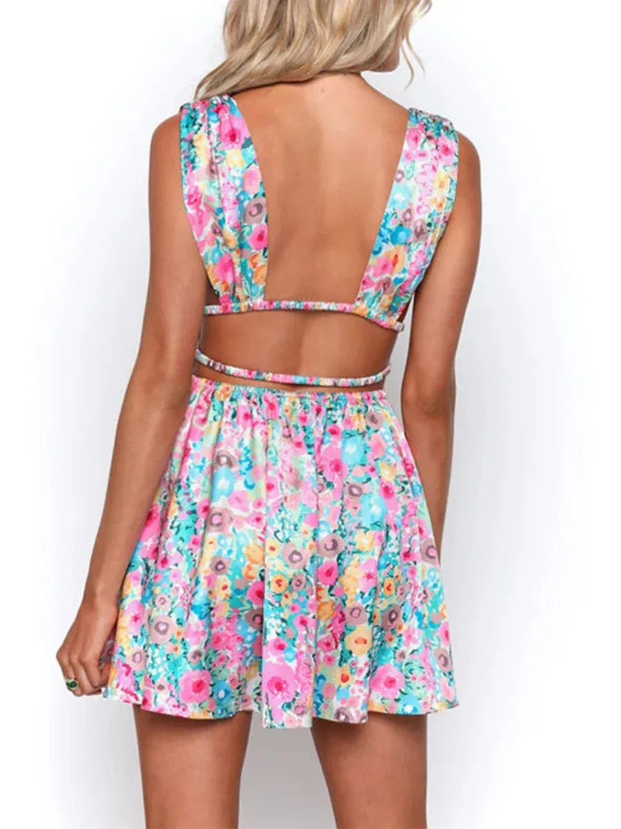 binfenxie New Backless Sexy Women Mini Dress Sleeveless V Neck Backless Flower Print Summer Club Party Dress Sundress Streetwear