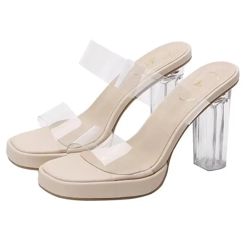 binfenxie  -  Slippers Women Wear New Summer Crystal Mesh Red Transparent Shoes Versatile Thick Heeled High-heeled Sandals Women's Summer