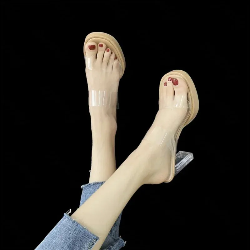 binfenxie  -  Slippers Women Wear New Summer Crystal Mesh Red Transparent Shoes Versatile Thick Heeled High-heeled Sandals Women's Summer