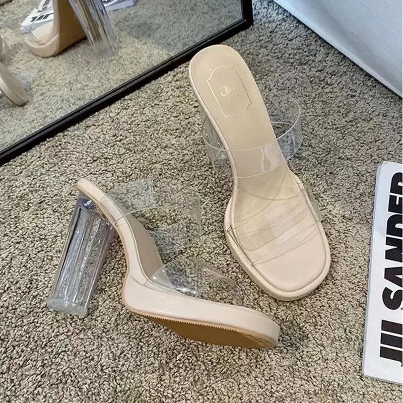 binfenxie  -  Slippers Women Wear New Summer Crystal Mesh Red Transparent Shoes Versatile Thick Heeled High-heeled Sandals Women's Summer