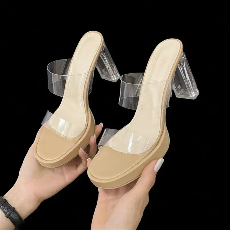 binfenxie  -  Slippers Women Wear New Summer Crystal Mesh Red Transparent Shoes Versatile Thick Heeled High-heeled Sandals Women's Summer
