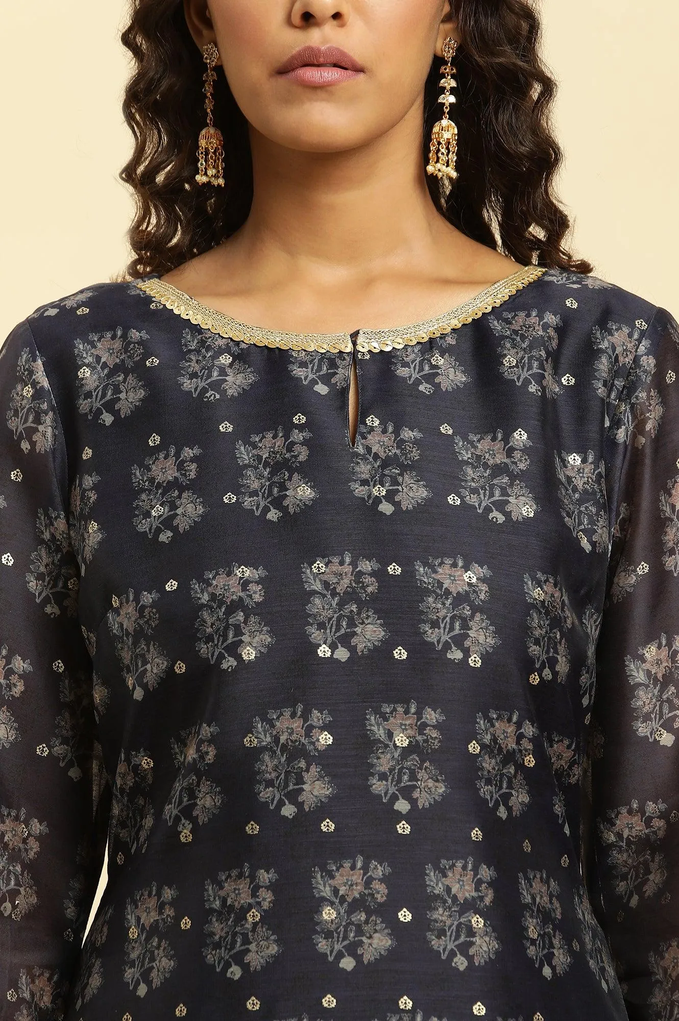 Blue Floral Printed Kurta With Metallic Embroidery