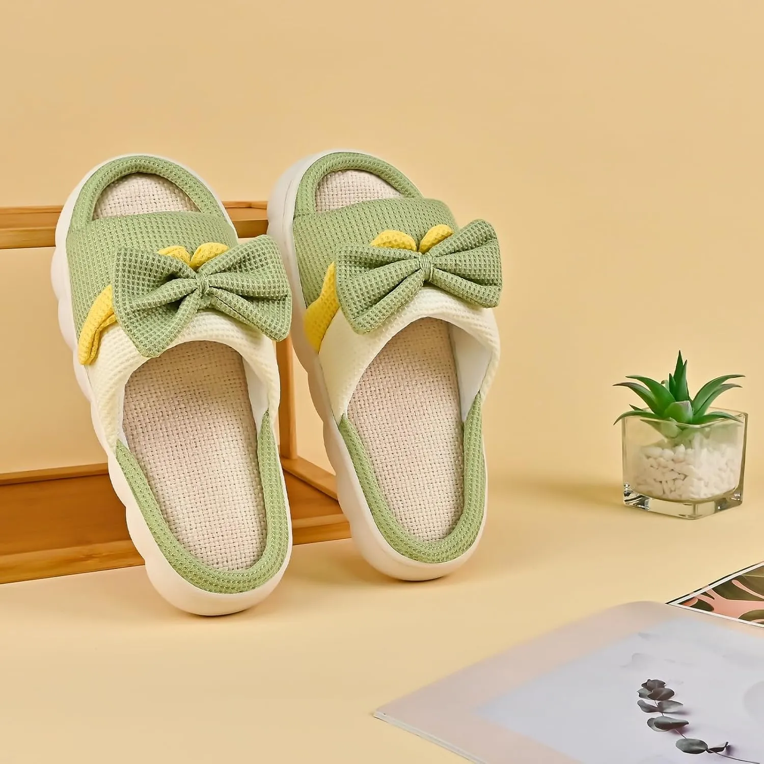 Bow Knot Slippers for Women, Cute House Cloud Slides, Indoor Open Toe Sandals, Comfortable Bedroom Shoes Linen Slippers