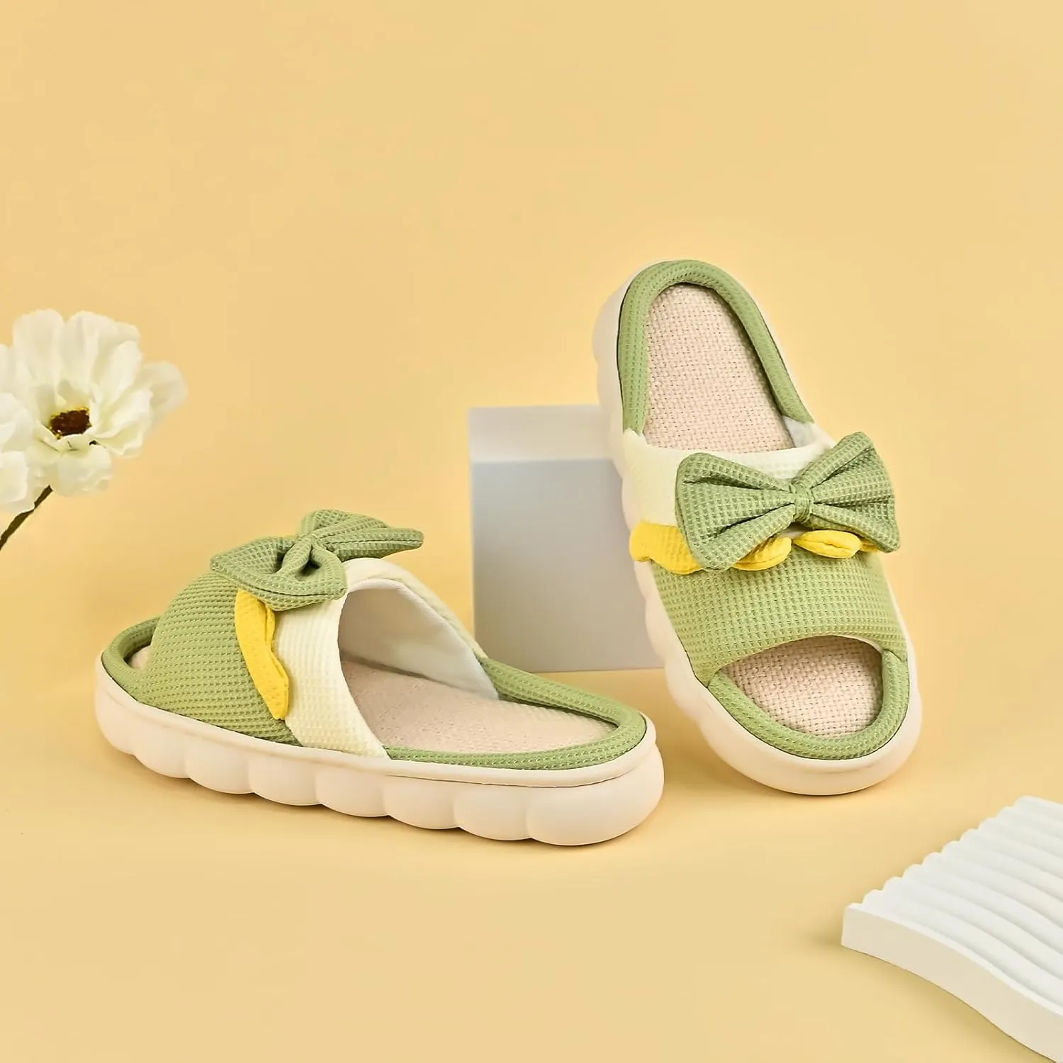 Bow Knot Slippers for Women, Cute House Cloud Slides, Indoor Open Toe Sandals, Comfortable Bedroom Shoes Linen Slippers