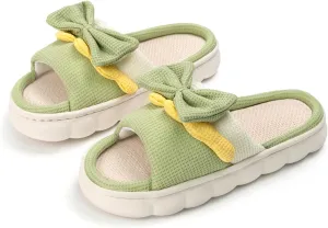 Bow Knot Slippers for Women, Cute House Cloud Slides, Indoor Open Toe Sandals, Comfortable Bedroom Shoes Linen Slippers