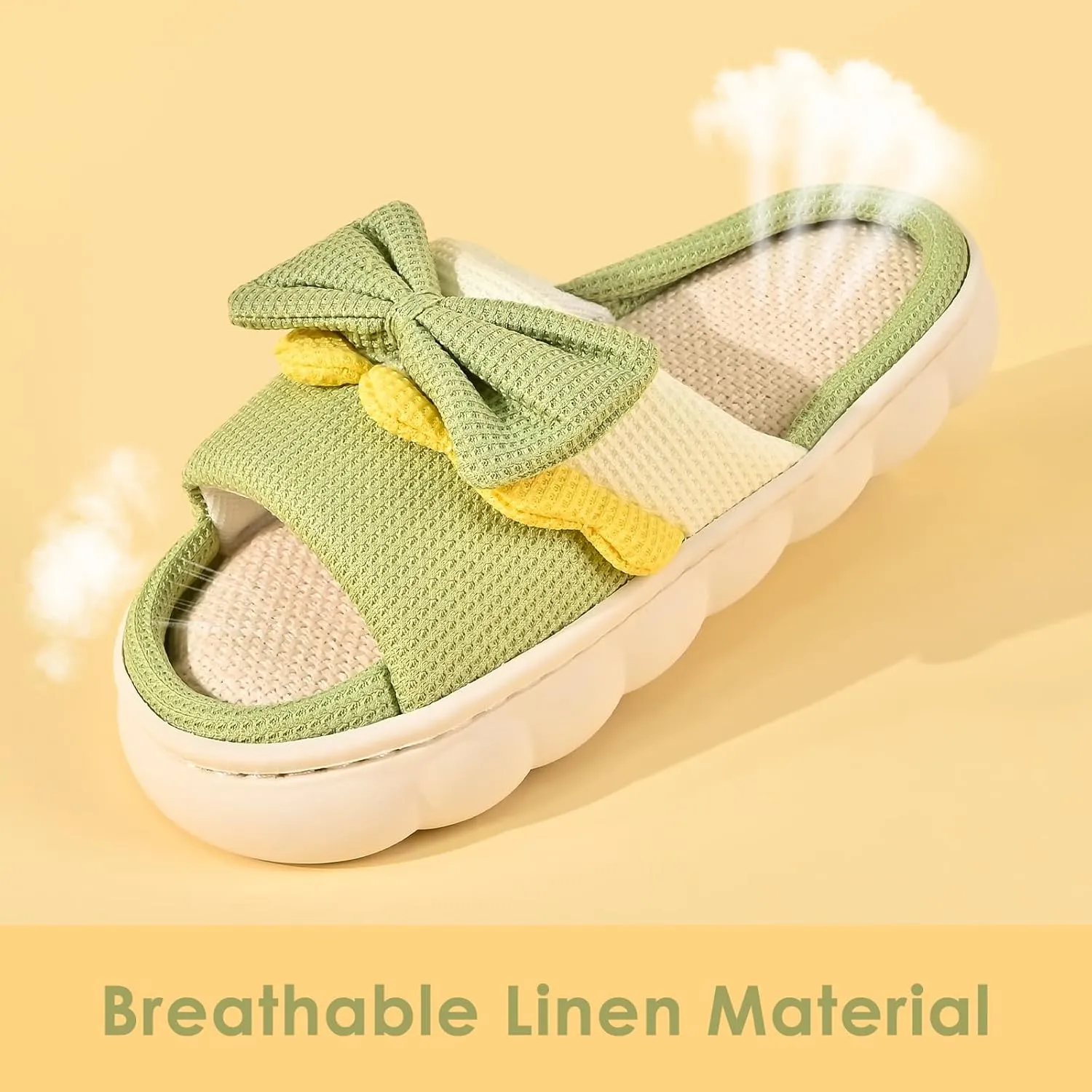 Bow Knot Slippers for Women, Cute House Cloud Slides, Indoor Open Toe Sandals, Comfortable Bedroom Shoes Linen Slippers