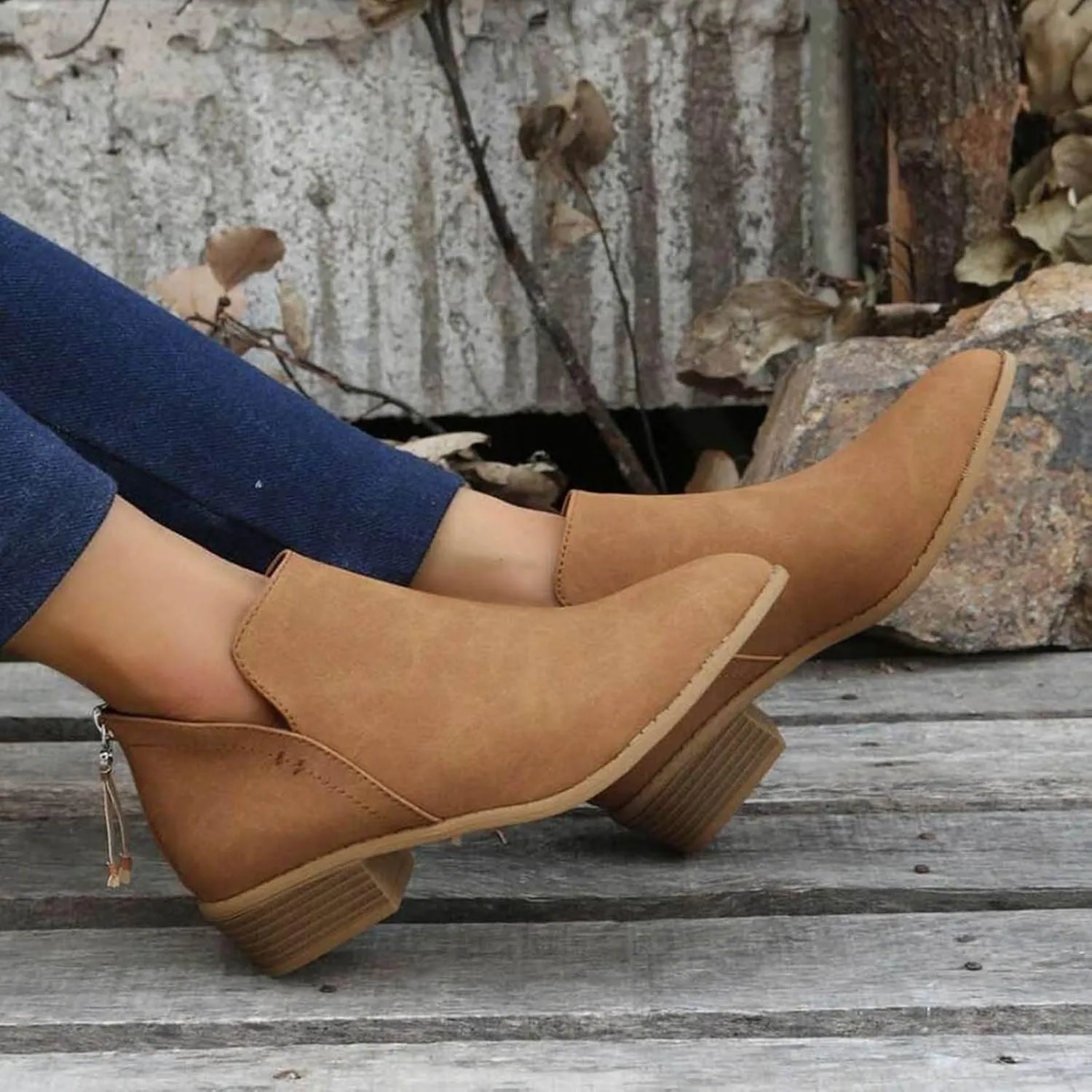 Cathalem Women's Ankle Boots Chunky Cutout Heel Pointed Toe Short Booties Shoes Ankle Booties Vintage Slip On Flat Short Boots Ladies Fashion Low Heel Boot Womens Casual Shoes