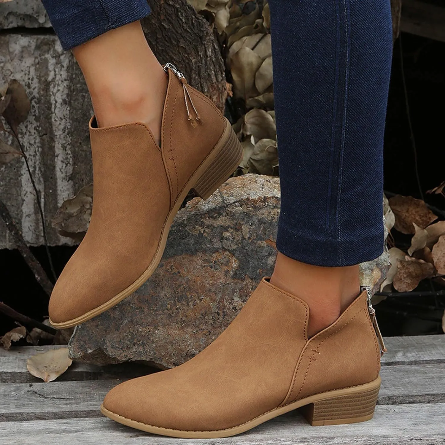 Cathalem Women's Ankle Boots Chunky Cutout Heel Pointed Toe Short Booties Shoes Ankle Booties Vintage Slip On Flat Short Boots Ladies Fashion Low Heel Boot Womens Casual Shoes