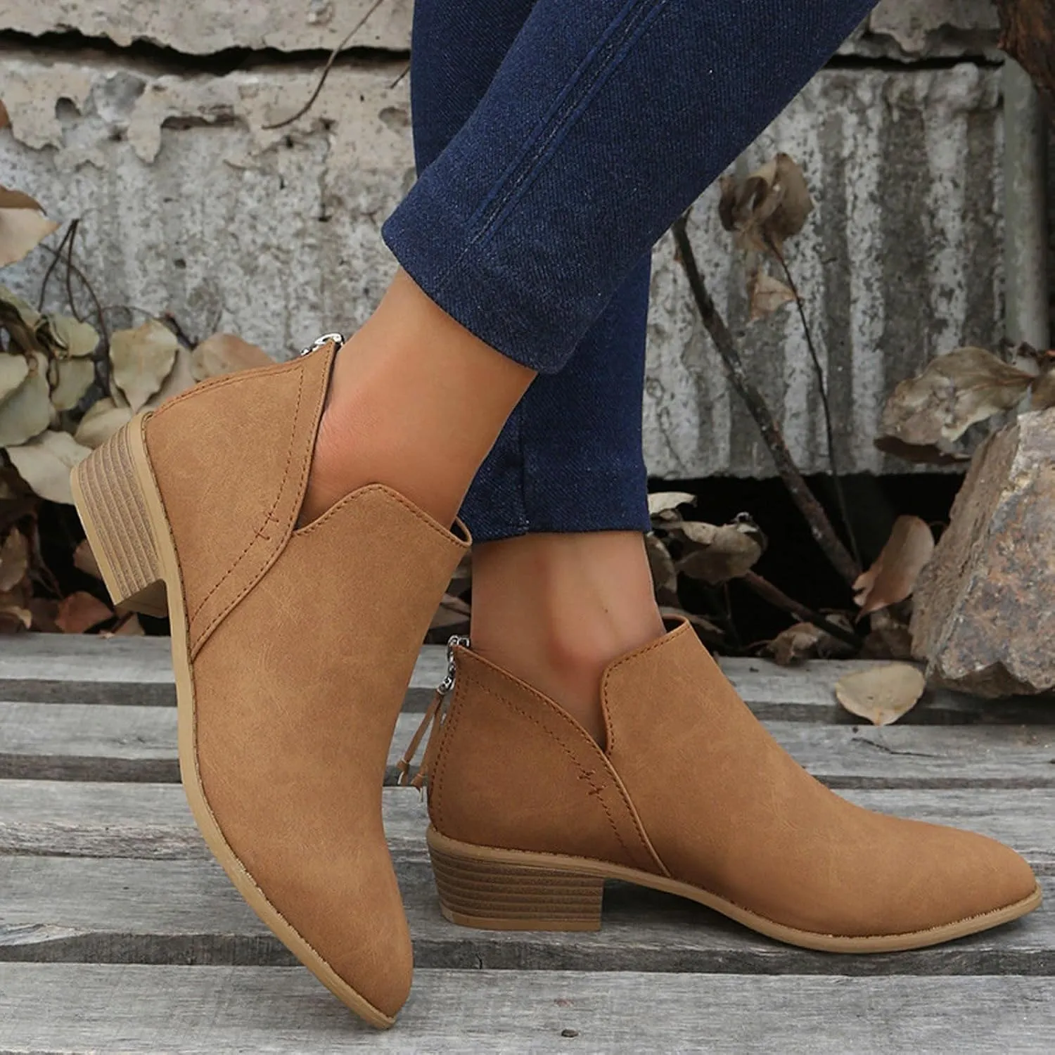 Cathalem Women's Ankle Boots Chunky Cutout Heel Pointed Toe Short Booties Shoes Ankle Booties Vintage Slip On Flat Short Boots Ladies Fashion Low Heel Boot Womens Casual Shoes