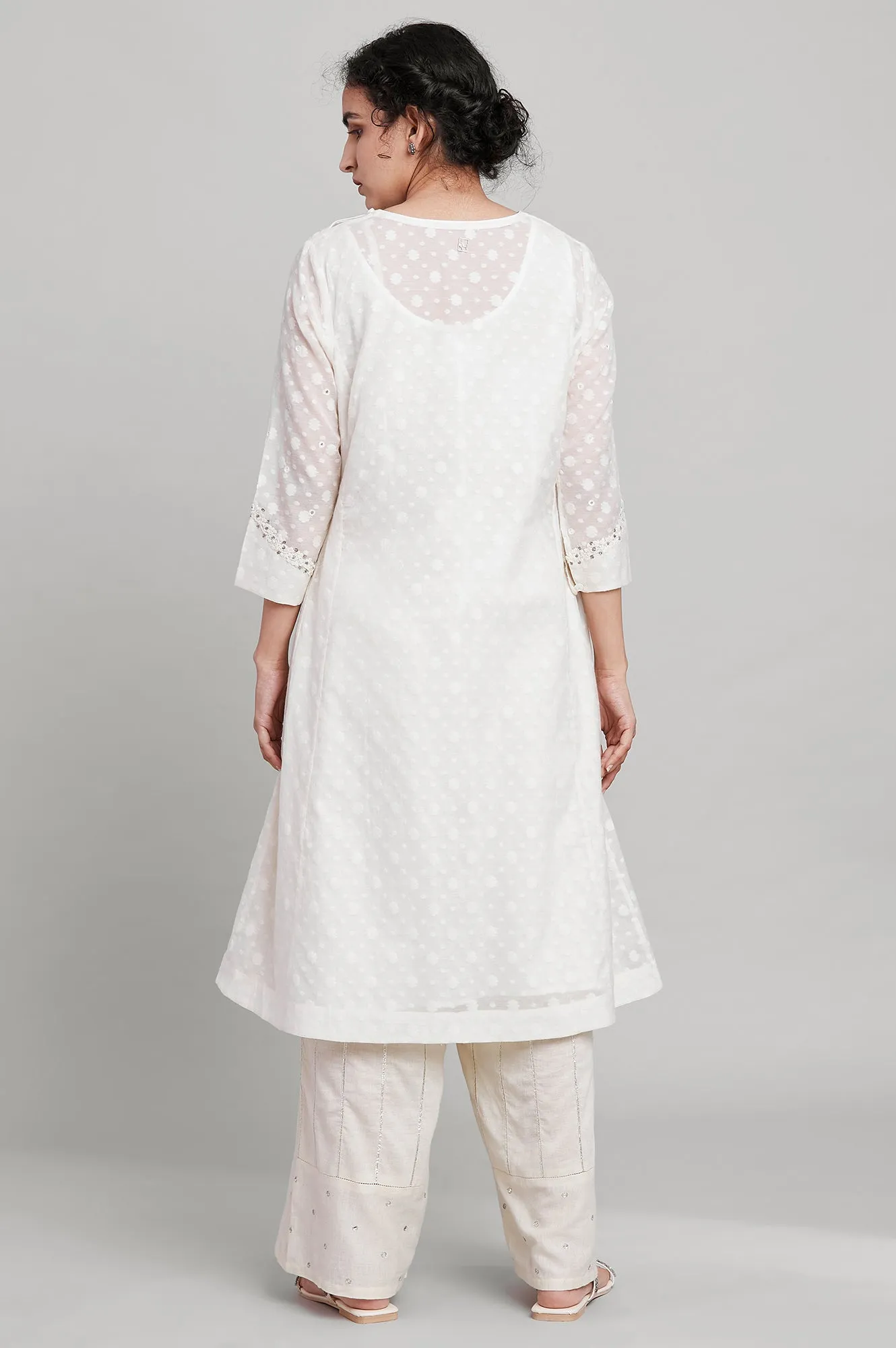 Ecru Flared Booti Jacquard kurta
