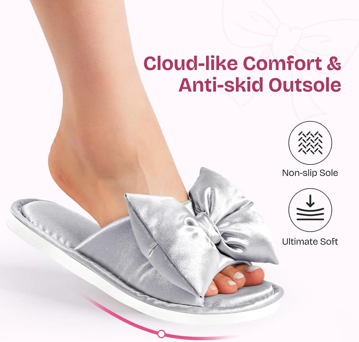 EverFoams Women's Satin Open-Toe Bow Slippers Memory Foam Indoor Bedroom House Shoes