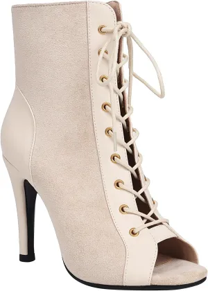 FENIKUSU Women's Ballroom Dance Shoes Peep Toe Gladiator Heeled Latin Salsa Boots Plus Size Model F7