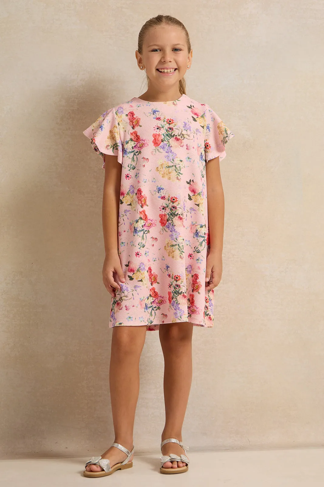 Girls Pink Floral Printed Dress
