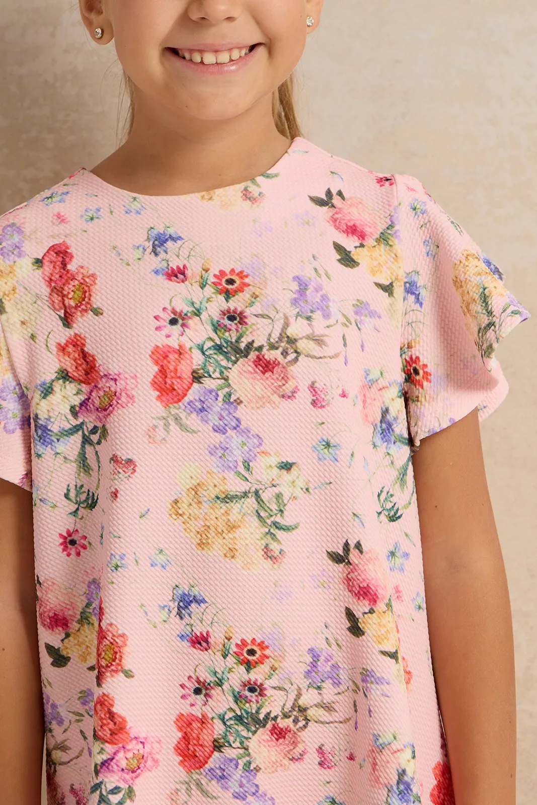 Girls Pink Floral Printed Dress