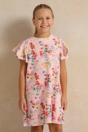 Girls Pink Floral Printed Dress