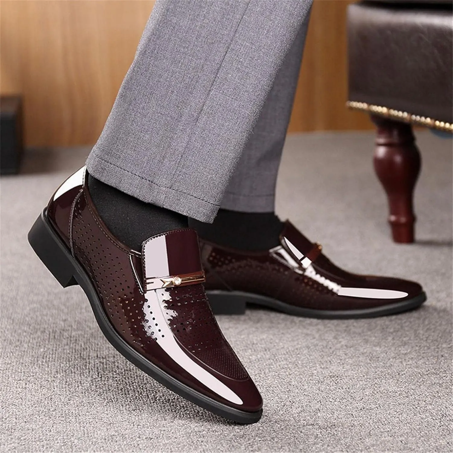 Hbeylia Mens Leather Dress Shoes Oxford Classic Fashion Metal Strip Hollow Out Breathable Summer Autumn Formal Pu Tuxedo Oxford Wingtip Modern Derby Oxford For Men Business Office Work Wedding Party