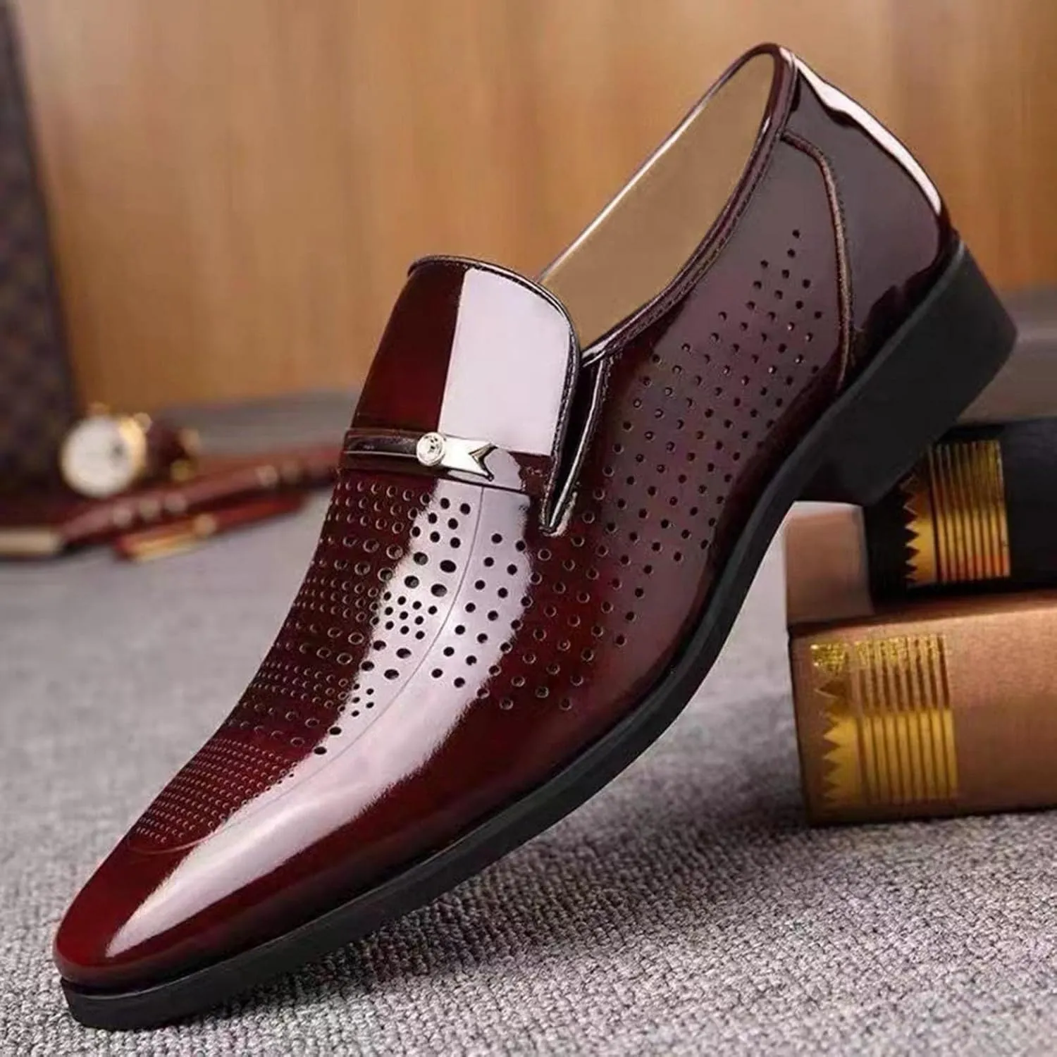 Hbeylia Mens Leather Dress Shoes Oxford Classic Fashion Metal Strip Hollow Out Breathable Summer Autumn Formal Pu Tuxedo Oxford Wingtip Modern Derby Oxford For Men Business Office Work Wedding Party