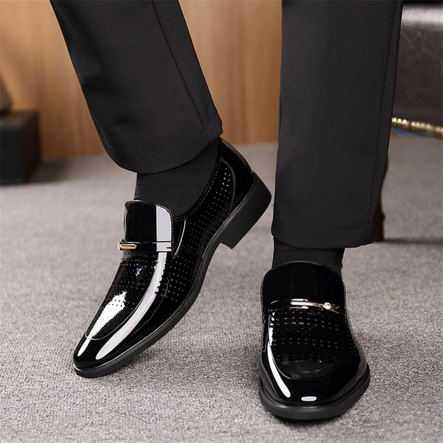 Hbeylia Mens Leather Dress Shoes Oxford Classic Fashion Metal Strip Hollow Out Breathable Summer Autumn Formal Pu Tuxedo Oxford Wingtip Modern Derby Oxford For Men Business Office Work Wedding Party