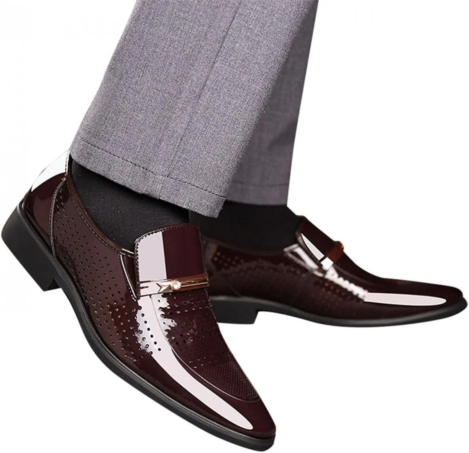 Hbeylia Mens Leather Dress Shoes Oxford Classic Fashion Metal Strip Hollow Out Breathable Summer Autumn Formal Pu Tuxedo Oxford Wingtip Modern Derby Oxford For Men Business Office Work Wedding Party