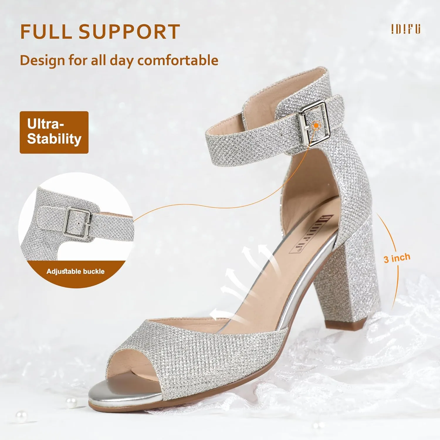 IDIFU Women's Candie-MI Peep Toe Low Block Heels Sandals Ankle Strap Comfy Chunky Wedding Dress Shoes