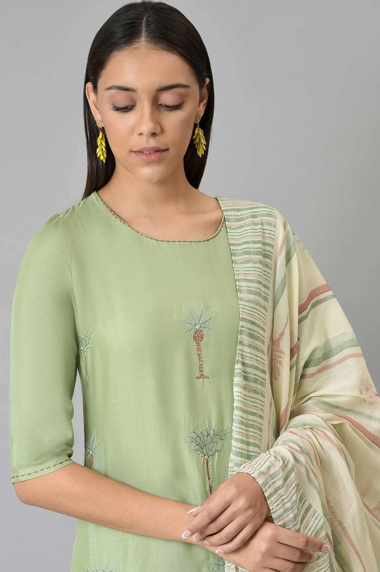 Light Green Embroidered kurta With Printed Parallel Pants And Dupatta