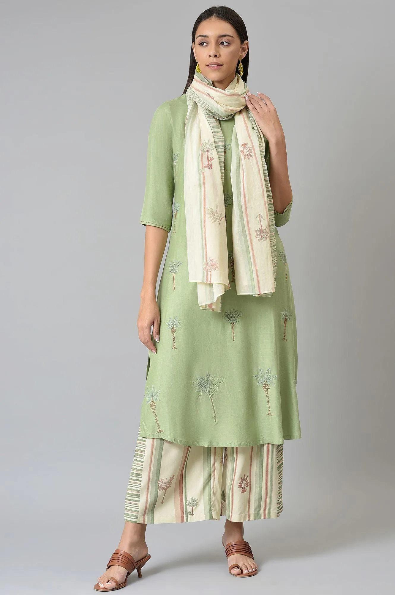 Light Green Embroidered kurta With Printed Parallel Pants And Dupatta