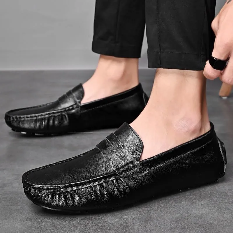 Men's Loafers - Comfortable Vegan Leather Loafers, Flexible Slip-On with Flat Heel, Fashionable Driving Style, Ideal for Casual and Formal Wear