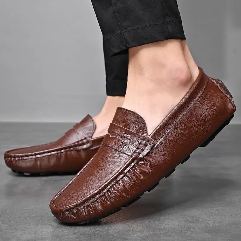 Men's Loafers - Comfortable Vegan Leather Loafers, Flexible Slip-On with Flat Heel, Fashionable Driving Style, Ideal for Casual and Formal Wear