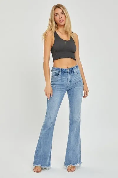 Risen Full Size High Rise Frayed Hem Flare Jeans
