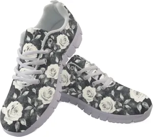 Rose Floral Garden Black Womens Running Sneakers Athletic Sports Shoes Non Slip Tennis Shoes for Adults Girls Size US 9