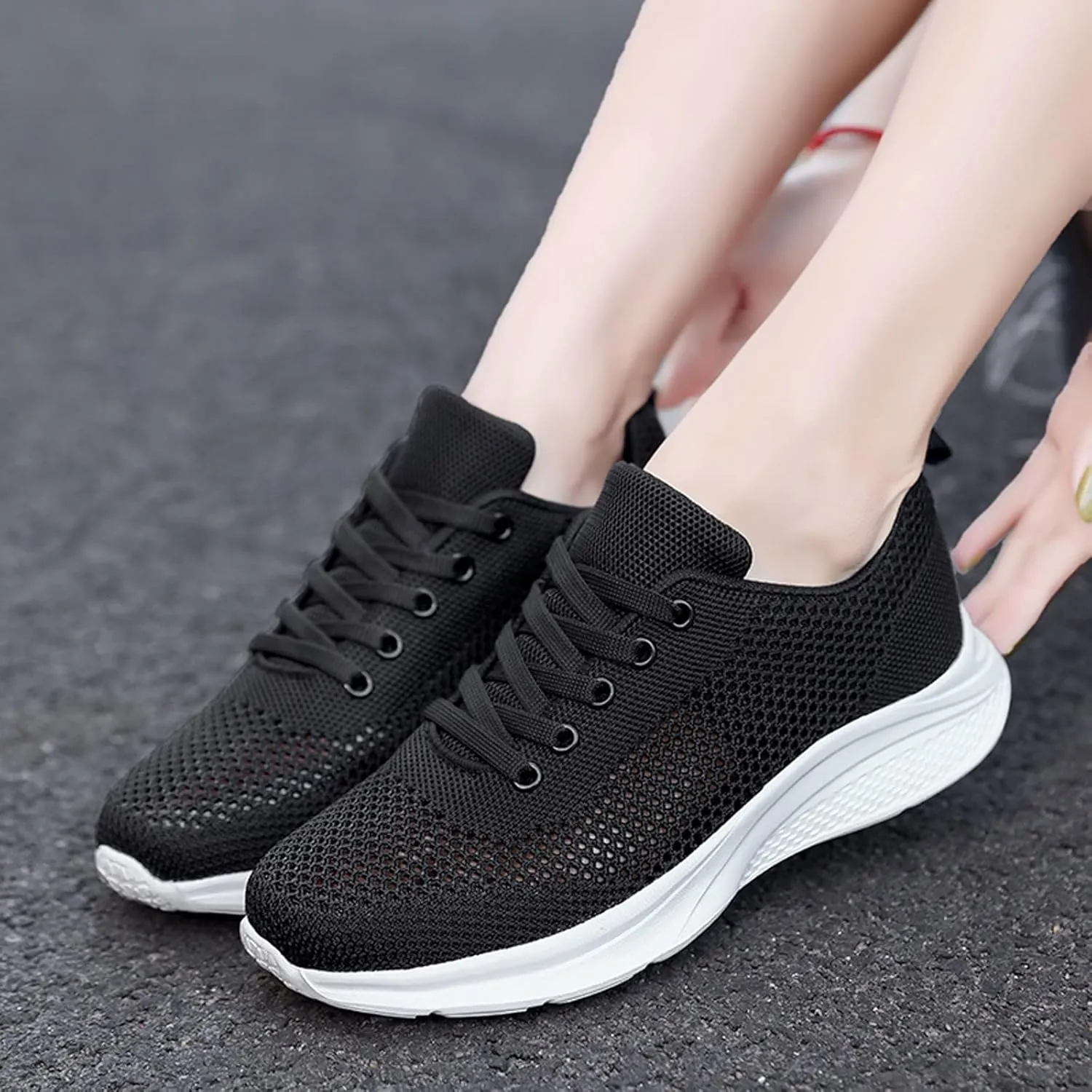 Sneakers for Women Casual Mesh Breathable Lace Up Walking Non Slip Work Shoes Women Athletic Women's Casual Shoes Casual Sneakers Black Tennis Shoe Trainers Shoe