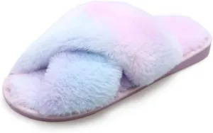 Solyinne Women's Tie-dye Leopard Print Cross Band Soft Plush Fleece House Indoor or Outdoor Slippers