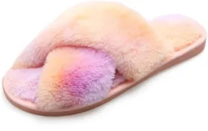 Solyinne Women's Tie-dye Leopard Print Cross Band Soft Plush Fleece House Indoor or Outdoor Slippers
