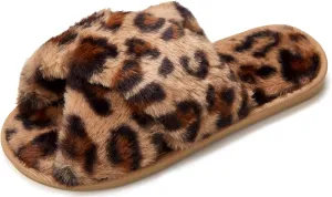 Solyinne Women's Tie-dye Leopard Print Cross Band Soft Plush Fleece House Indoor or Outdoor Slippers