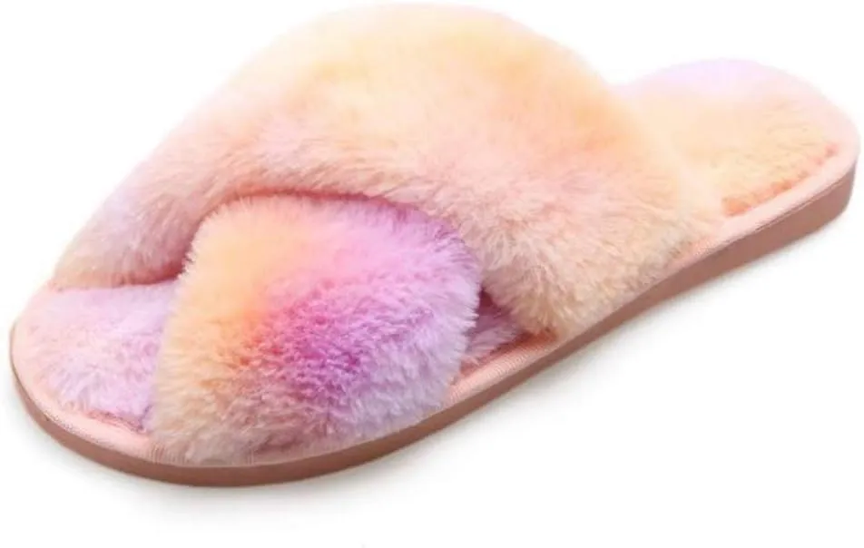 Solyinne Women's Tie-dye Leopard Print Cross Band Soft Plush Fleece House Indoor or Outdoor Slippers