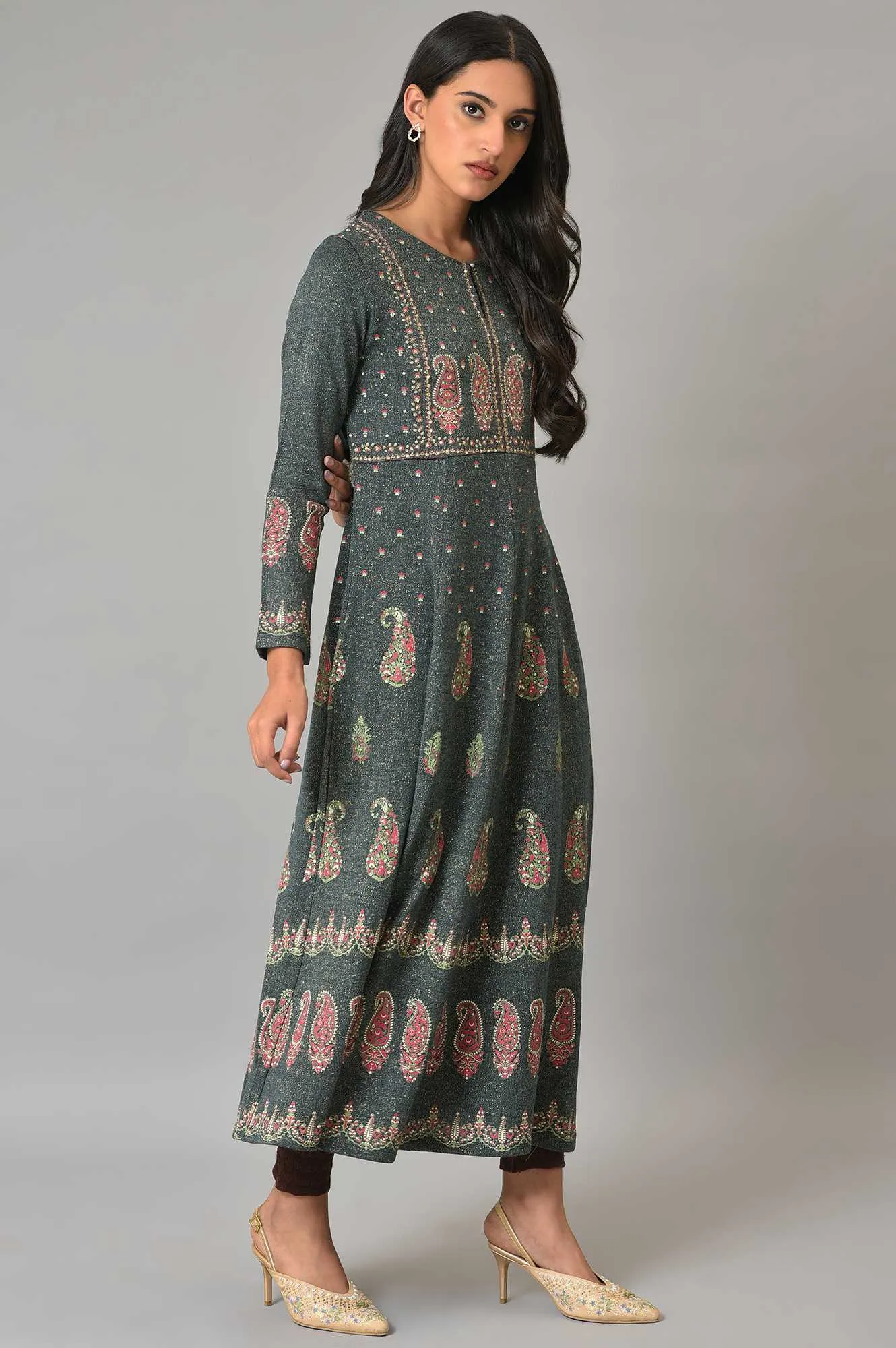 Teal Printed A-Line Winter Dress