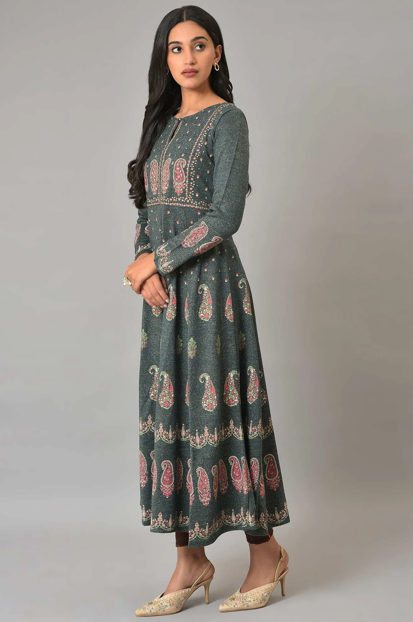 Teal Printed A-Line Winter Dress