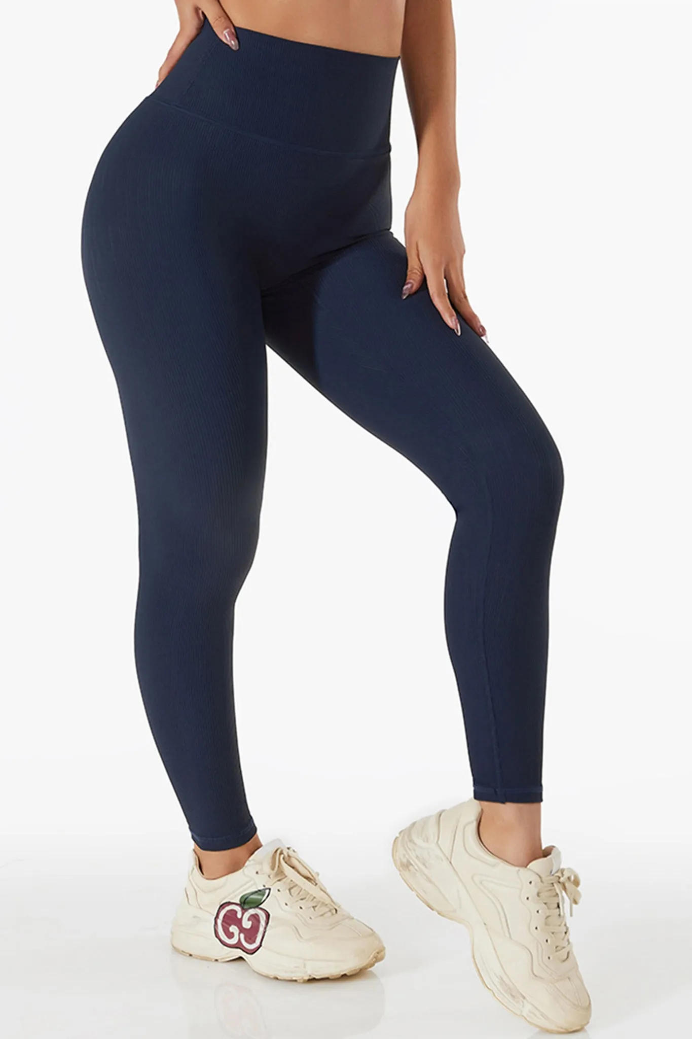 Ultra-Stretch High-Waist Ribbed Seamless Leggings - Navy Blue
