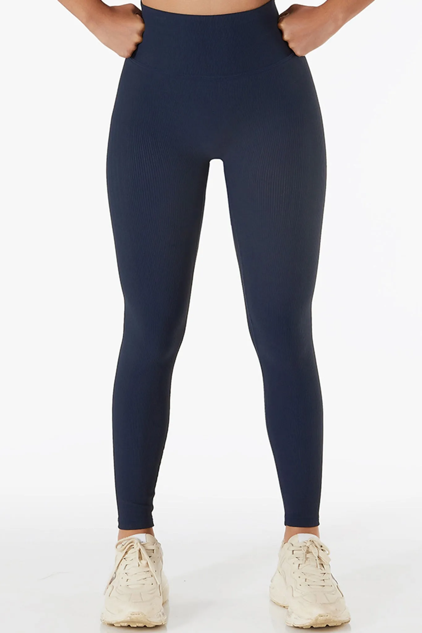 Ultra-Stretch High-Waist Ribbed Seamless Leggings - Navy Blue