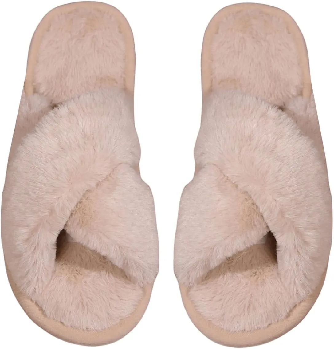 Verdusa Women's Memory Foam Fuzzy Slippers Cross Straps Indoor Shoes Slippers