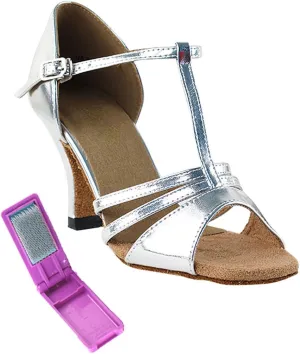 Very Fine Dance Shoes - Ladies Latin, Rhythm, Salsa Ballroom Dance Shoes - 1683-2.5-inch Heel and Foldable Brush Bundle - Silver Leather - 7