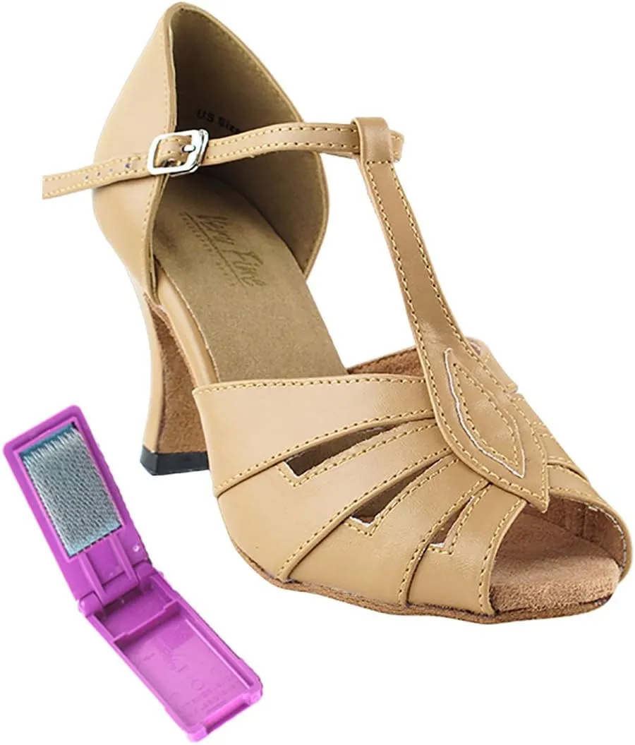 Very Fine Dance Shoes - Ladies Latin, Rhythm, Salsa, Waltz Ballroom Dance Shoes - 2702-2.5-inch Heel and Foldable Brush Bundle - Beige Brown Leather - 7