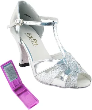 Very Fine Dance Shoes - Ladies Latin, Rhythm, Salsa, Waltz Ballroom Dance Shoes - 2702-2.5-inch Heel and Foldable Brush Bundle - Silver Stardust &Silver Leather - 9