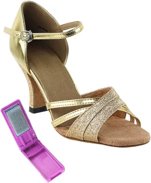 Very Fine Dance Shoes - Ladies Latin, Rhythm, Salsa, Waltz Ballroom Dance Shoes - 6030-2.5-inch Heel and Foldable Brush Bundle - Gold Stardust - Gold Leather - 6.5