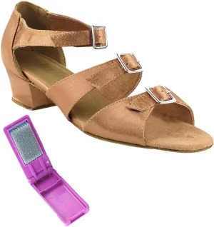 Very Fine Dance Shoes - Ladies Practice, Cuban Low Heel Ballroom Dance Shoes - 1679-1.5-inch Heel and Foldable Brush Bundle - Brown Satin - 8.5