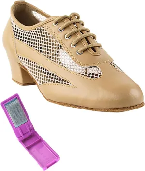 Very Fine Dance Shoes - Ladies Practice, Cuban Low Heel Ballroom Dance Shoes - 2009-1.5-inch Heel and Foldable Brush Bundle - Beige Brown Leather - 6.5