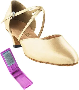 Very Fine Dance Shoes - Ladies Practice, Cuban Low Heel, Waltz Ballroom Dance Shoes - 9691-1.3-inch Heel and Foldable Brush Bundle - Light Brown Satin - 6.5