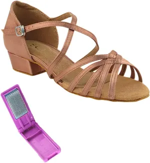 Very Fine Dance Shoes - Ladies Practice, Cuban Low Heel, Waltz, Wedding Dance Shoes - 1670FT - 1-inch Heel and Foldable Brush Bundle - Tan Satin - 10