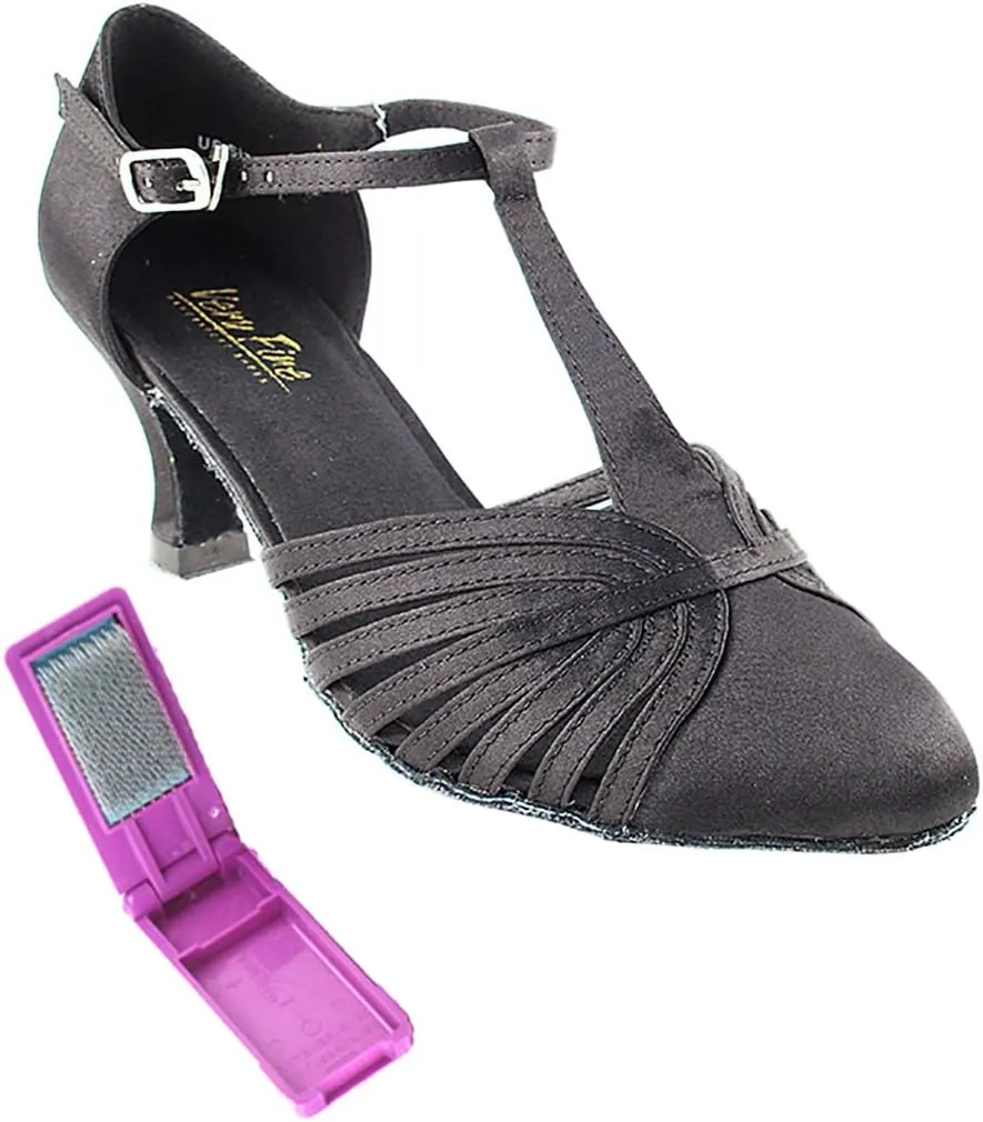 Very Fine Dance Shoes - Ladies Standard, Smooth, Waltz Ballroom Dance Shoes - 6829-2.5-inch Heel and Foldable Brush Bundle - Black Satin - 5.5